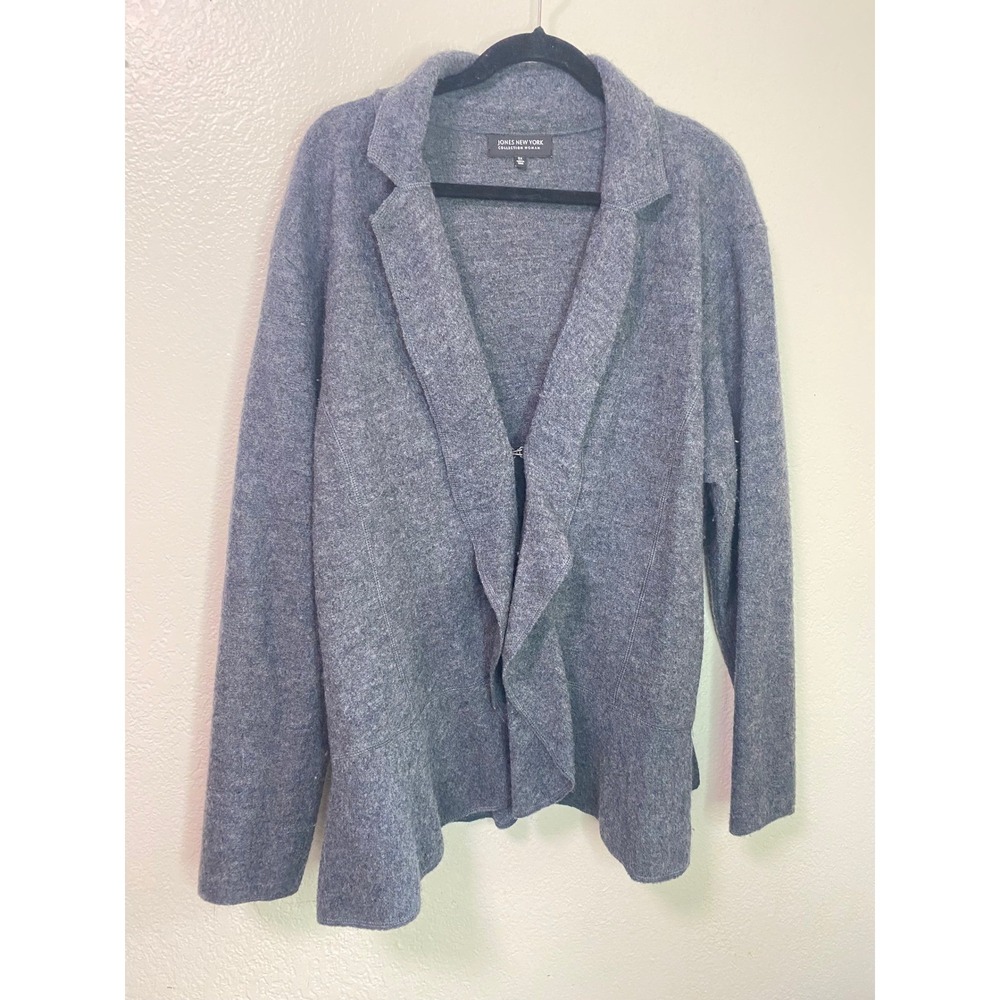 Jones New York 100% Wool Gray Cardigan Sweater Plus 3X Peplum Hook Eye Closure